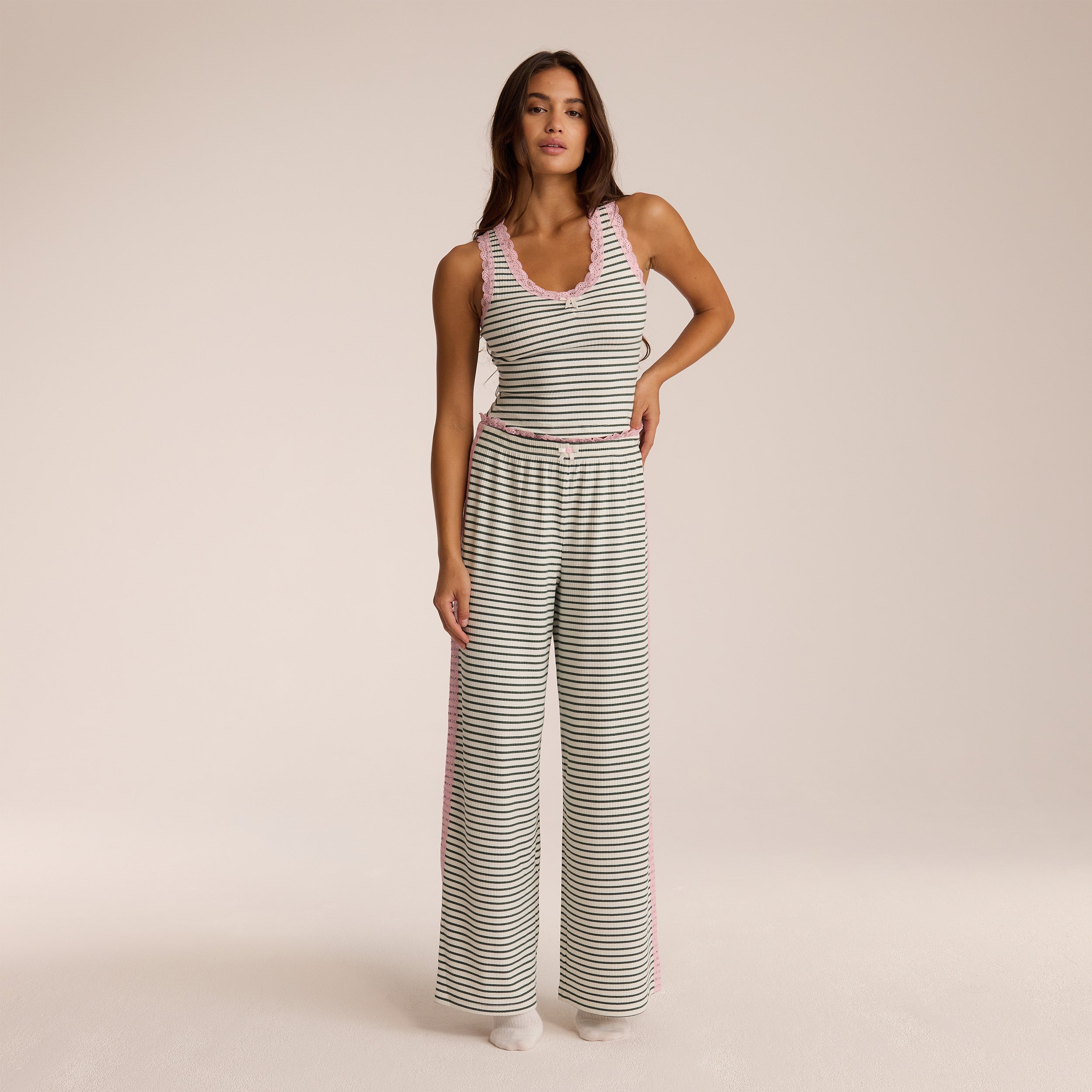 Lace Pajama Pants - Green Stripe
