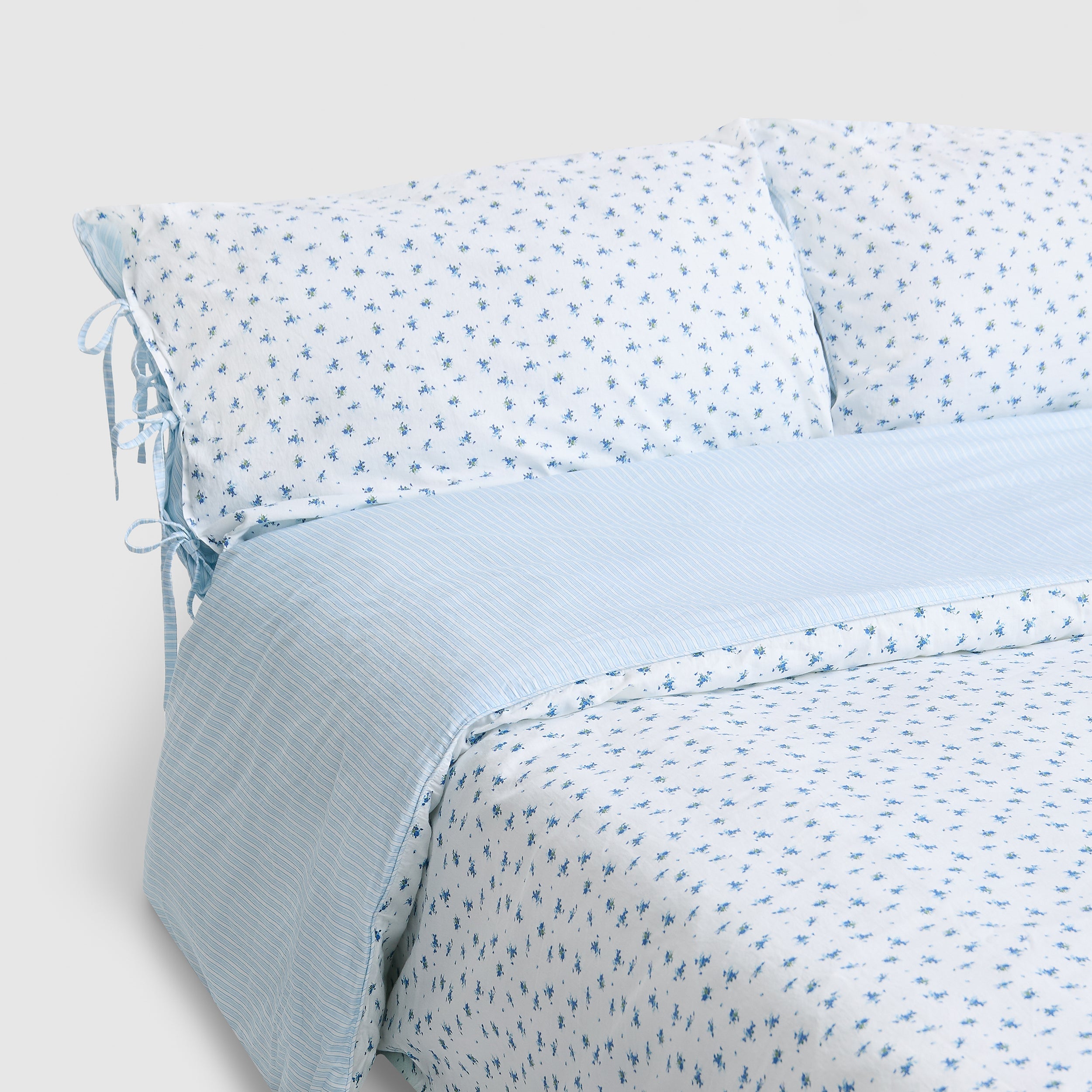 Bloom & Stripe Reversible Duvet Cover - Blue Floral Print