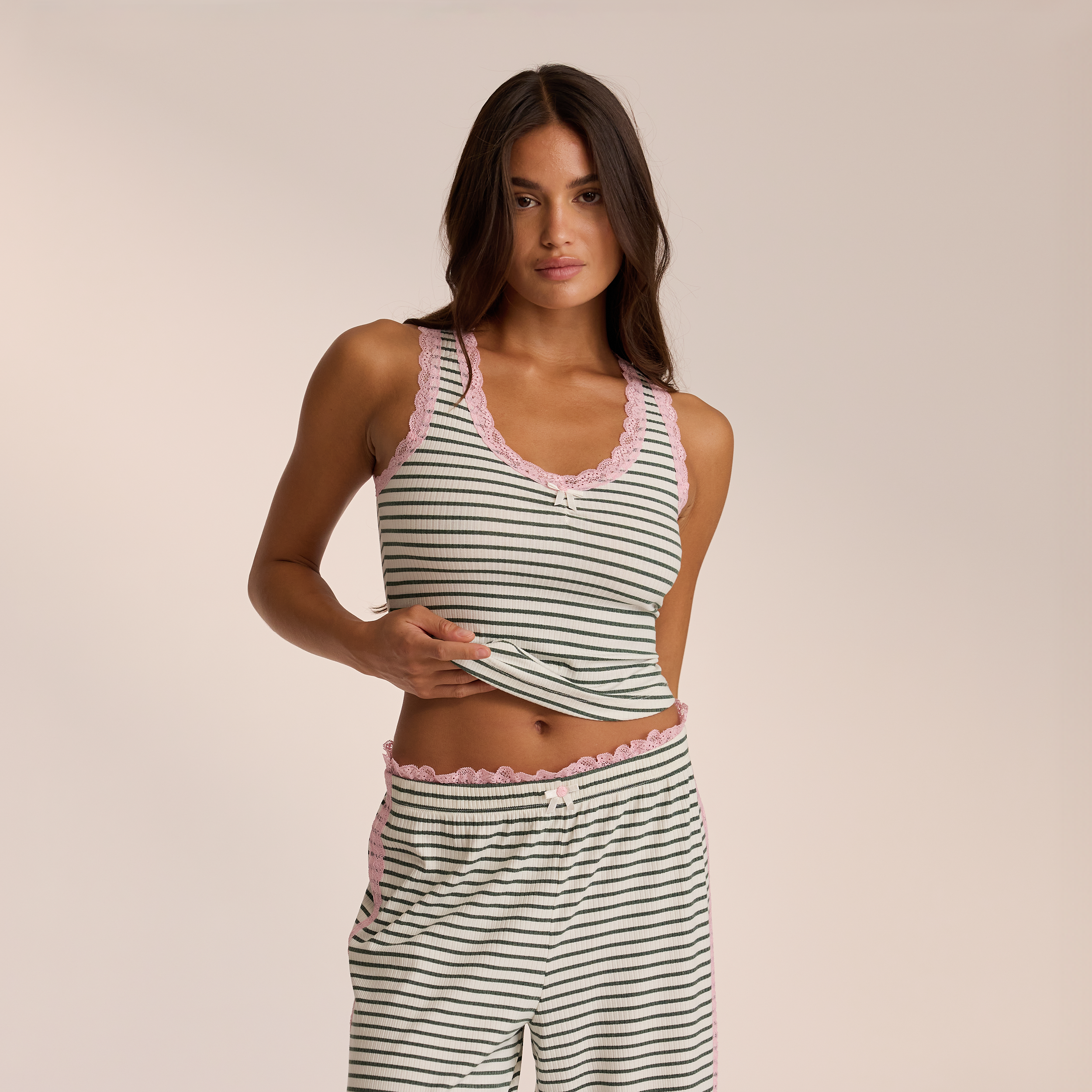 Lace Vest Pajama Top - Green Stripe