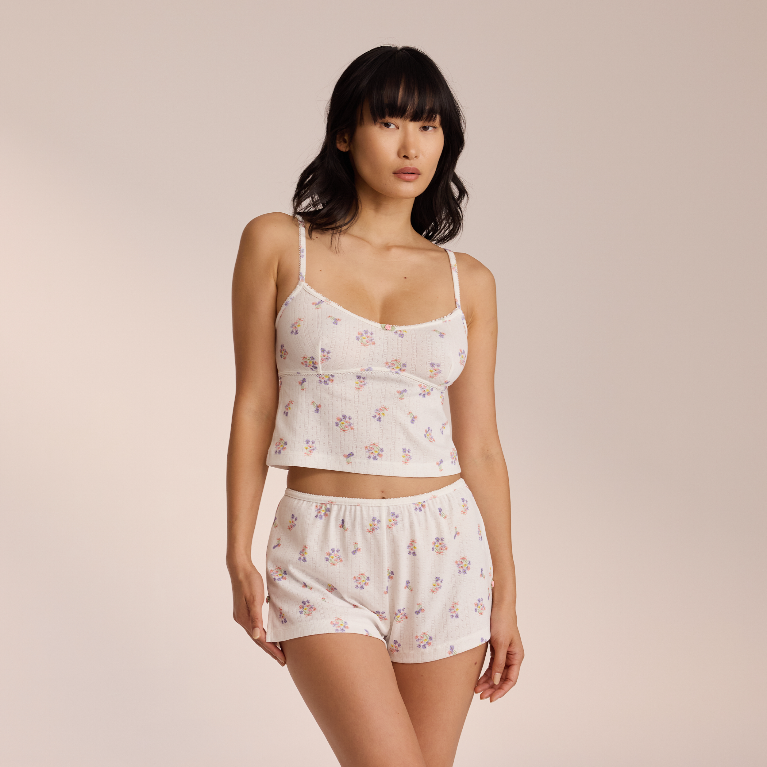Pointelle Cami Pajama Top - White Floral