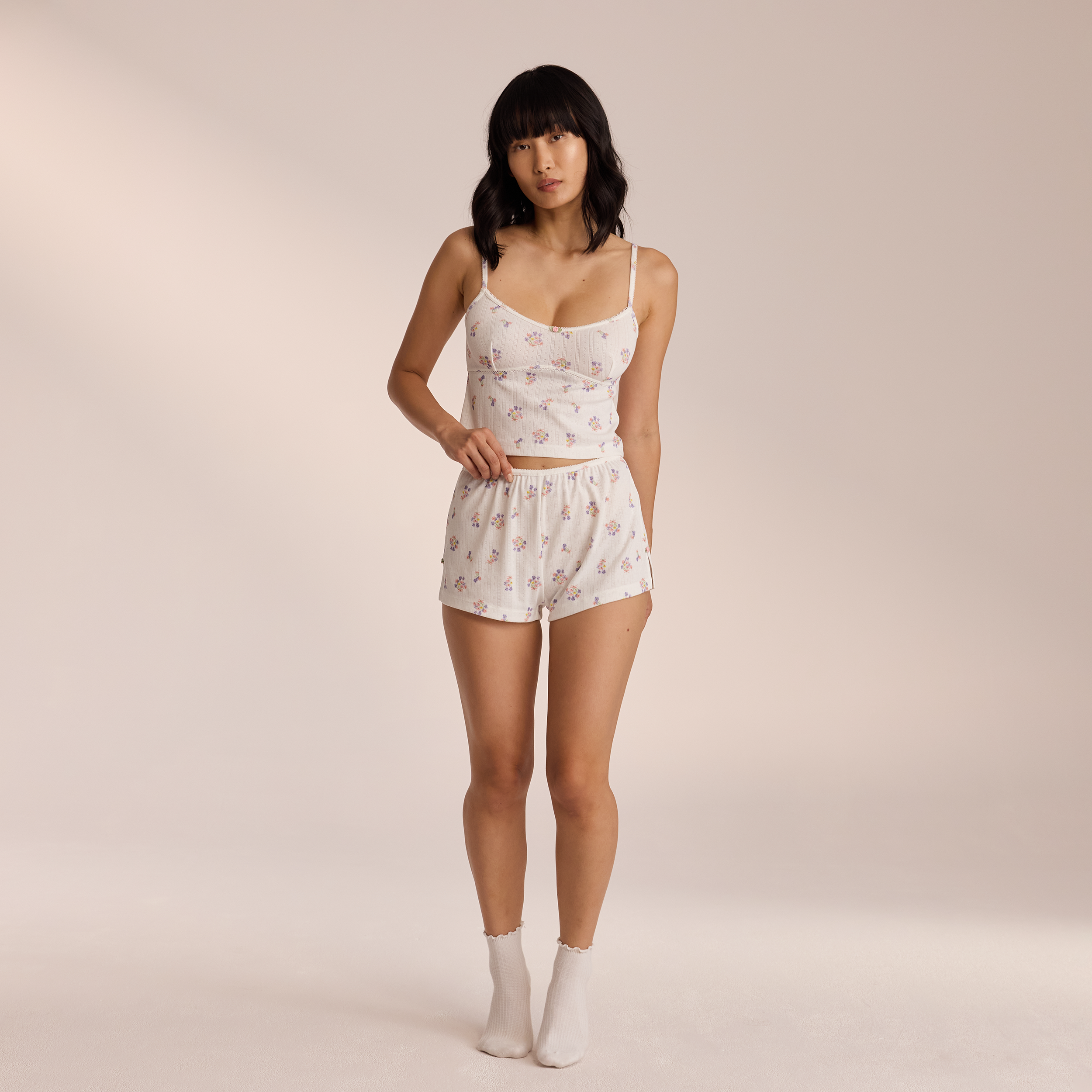 Pointelle Pajama Shorts - White Floral